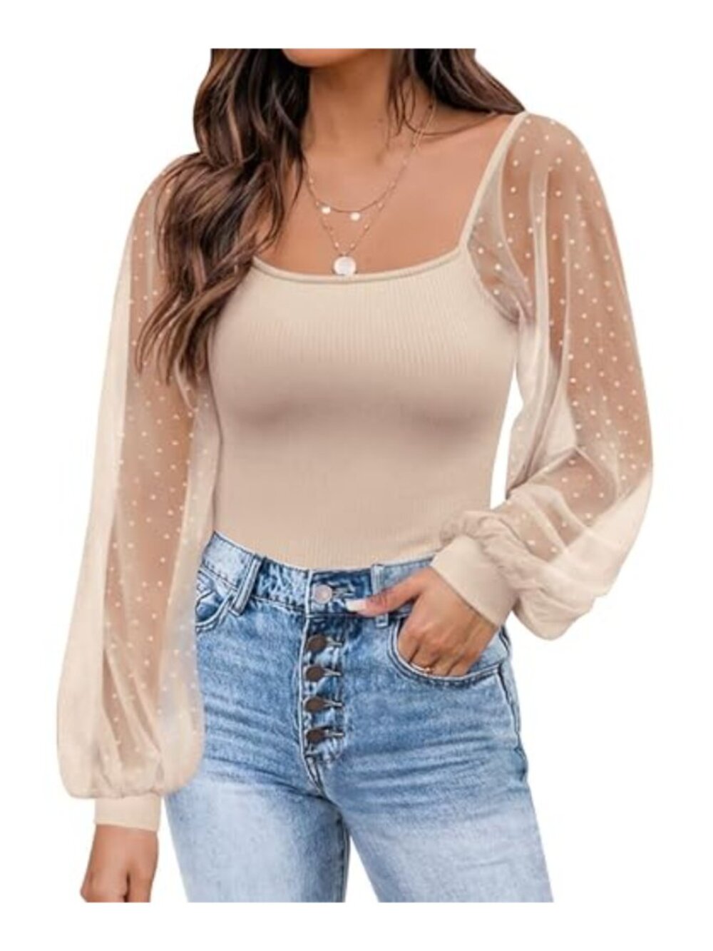 Womens Mesh Swiss Dot Puff Long Sleeve Ribbed Knit T-Shirt Blouse